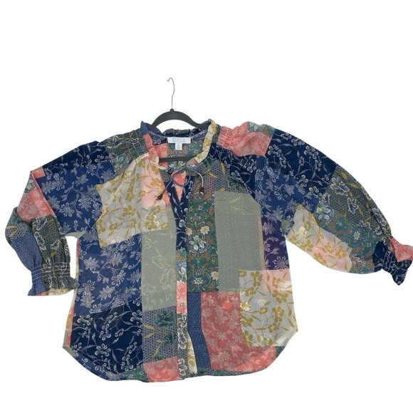 Bunulu Women's XL Mixed Print Boho Peasant Smocked Beaded Tie Front Blouse Sheer - Picture 1 of 13